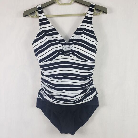 One Piece Swimsuit Womens 12 Black White Striped Tummy Control D Cup Ruched - Picture 3 of 13